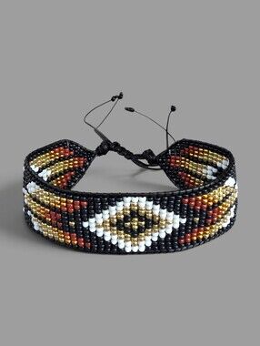 Handmade Loom Woven Seed Bead Cuff Bracelet Southwestern Geo - Red Black Gold